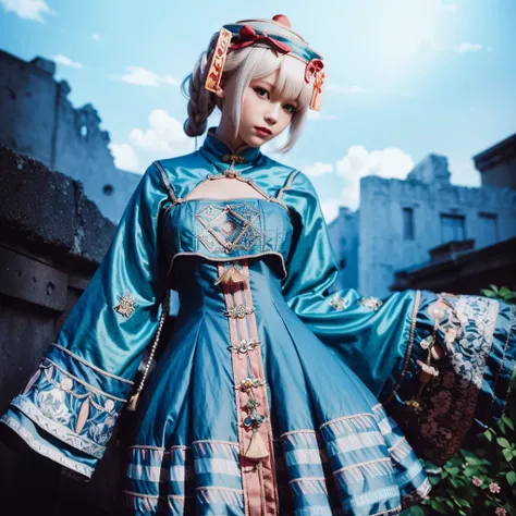 (masterpiece), (best quality), (super delicate),(illustration), (extremely delicate and beautiful),hyperrealism,(Realisticstyle),cel shading,(dynamic angle),detailed and intricate,ruins,(magic array circle the sky),full body,jsll, a doll is wearing a blue ...