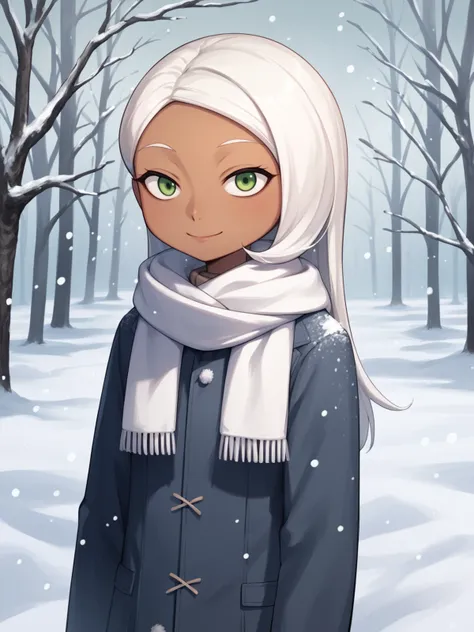 a woman in a blue coat and white scarf standing in a snowy forest