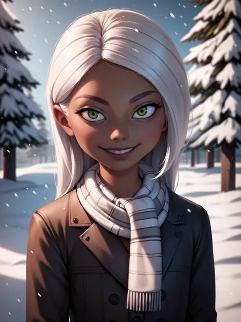 a cartoon girl with white hair and green eyes in a snowy forest