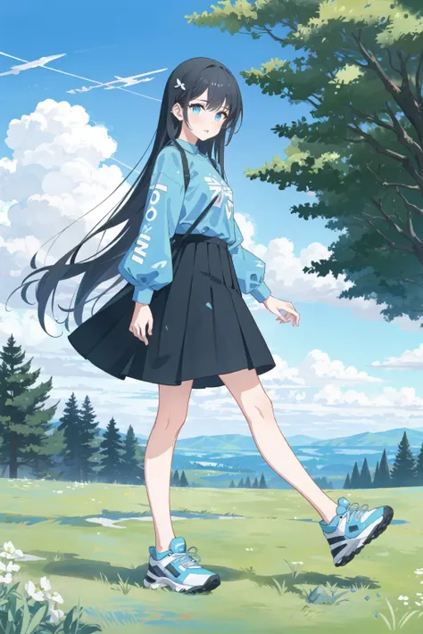 anime girl walking in a field with trees and mountains in the background