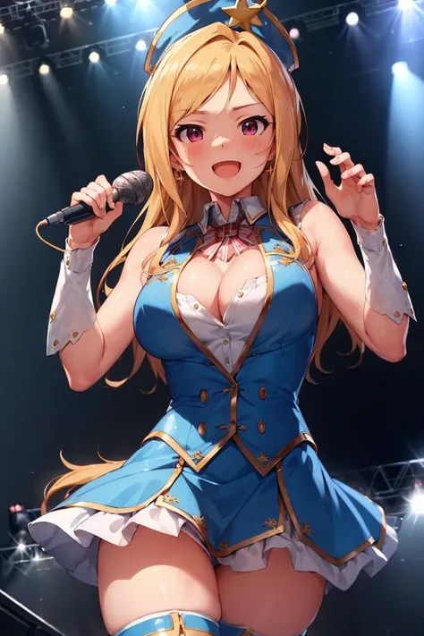 (masterpiece, best quality:1.4), looking at viewer, cowboy shot, :d, blush, rio momose, blonde hair, long hair, pink eyes, large breasts, blue vest, cleavage cutout, gold trim, puffy short sleeves, white thighhighs, singing, stage, stage lights, microphone...