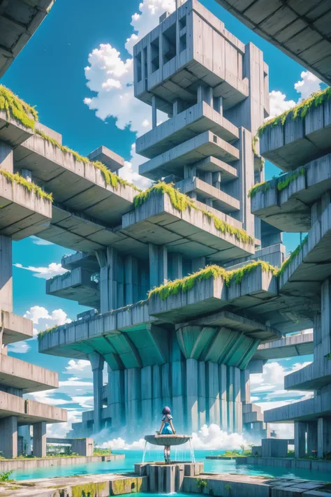 reclaimed brutalism, colorful, fountain, anime style, <lora:EnvyReclaimedBrutalismXL01:1.2><lora:EnvySendNoodzXL01:-0.5>1girl, woman, beautiful, morning, blue sky, clouds, scenery, in a Leviathan Ocean<lora:EnvyBetterHiresFixXL01:0:hr=1>