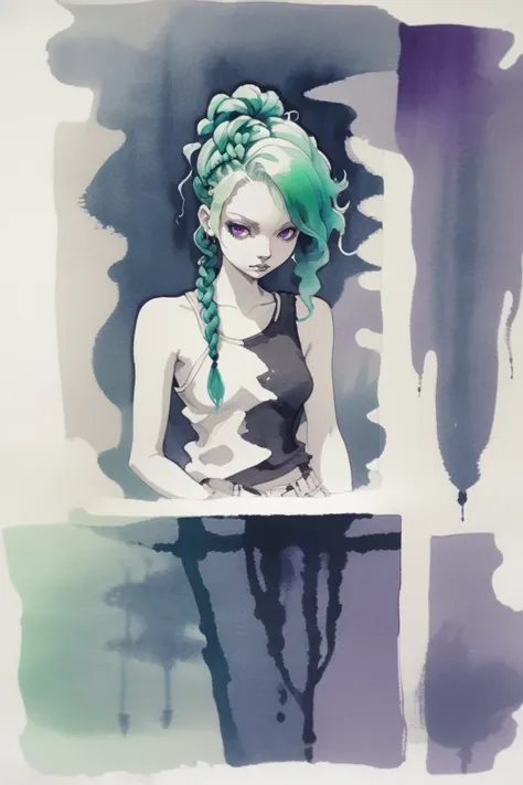 a drawing of a woman with green hair and a black top