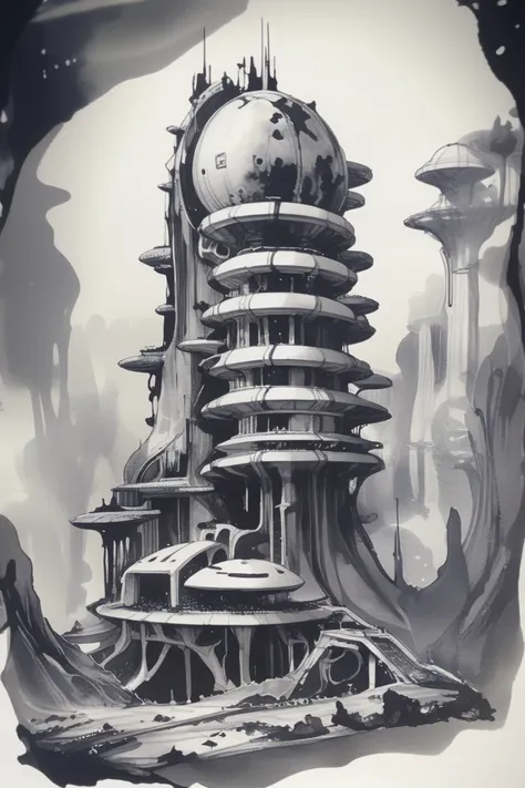 a close up of a drawing of a futuristic building with a clock on top