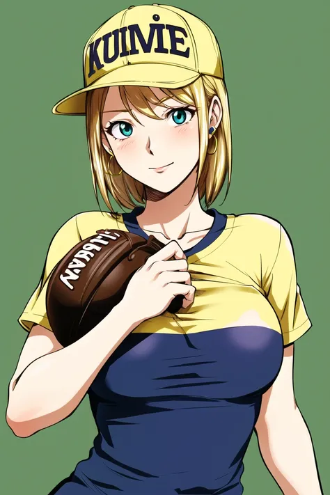 kon-kit, kaya izumi, masterpiece, best quality, 1girl, aqua eyes, baseball cap, blonde hair, closed mouth, earrings, green backg...