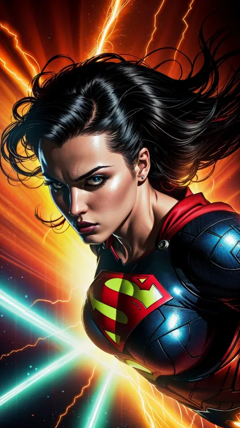 (masterpiece), (best quality), (hyper realistic:1.4),(photorealistic:1.3),(intricate details:1.35), 
female wearing SuperGirl suit flying in the sunset sky,  large breasts, with long black hair in a fashion photoshoot photographed from a low camera angle w...