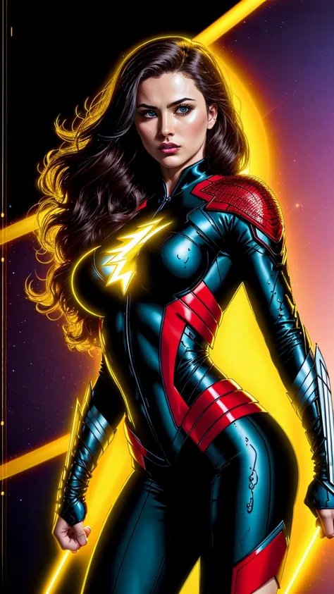 (masterpiece), (best quality), (hyper realistic:1.4),(photorealistic:1.3),(intricate details:1.35), 
female wearing the scarlet witch suit flying in the sunset sky,  large breasts, with long black hair in a fashion photoshoot photographed from a low camera...