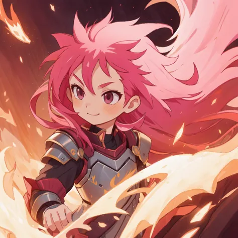 smug, futuristic armor, pink hair, spiked hair, long hair, flowing hair, fire magic