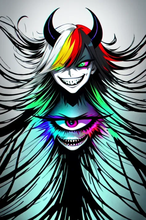 a drawing of a woman with a rainbow colored hair and horns