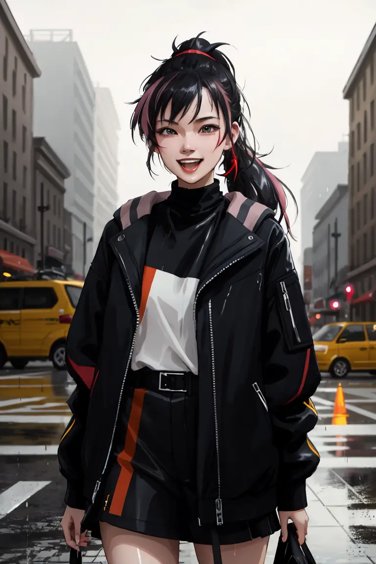 yohji fashion style, a young woman, street, laughing, ponytails, (hdr:1.3), (muted colors:1.2), dramatic, complex background, cinematic, filmic, (rutkowski, artstation:0.8), soaking wet