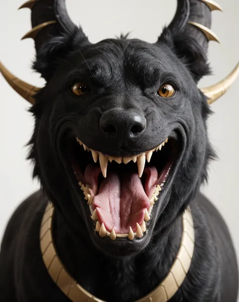 a close up of a dog with horns and a collar