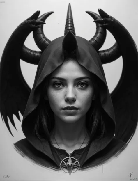 a black and white photo of a woman with horns on her head