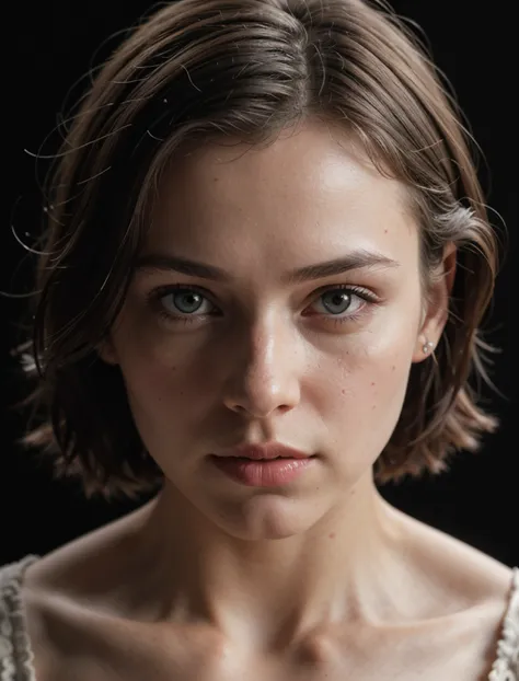 a close up of a woman with a very short hair