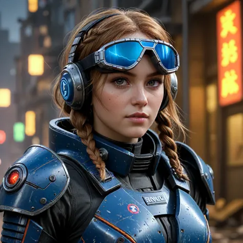 a close up of a woman in a futuristic suit with goggles on