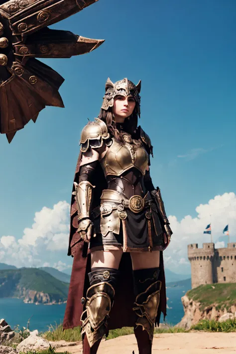 1 female warrior ,  VeronicaCipher, wearing  War_Glam,  bronze warrior armor, helmet, cape, battle stance, medieval castle 
(35mmstyle:1.1), front, masterpiece, , cinematic lighting, (photorealistic:1.3), high frequency details, 35mm film, (film grain), fi...