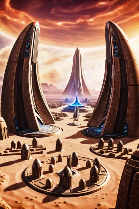 a painting of a futuristic city in the desert with a futuristic structure