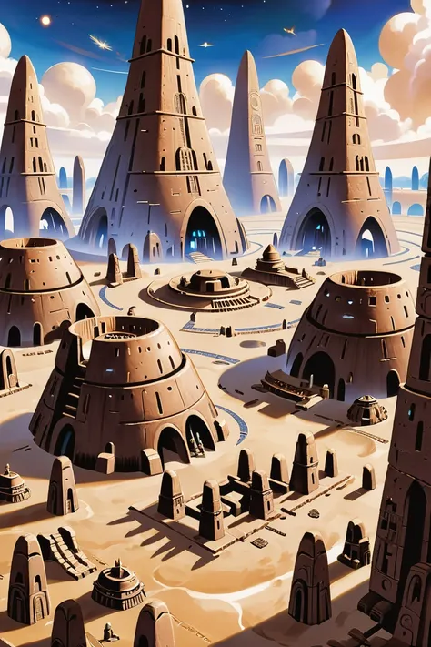 a close up of a desert with a lot of buildings and a sky