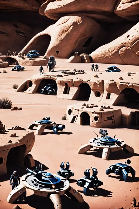 there are many vehicles and people in a desert area