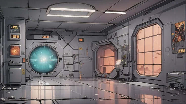 spaceship interior with a large window and a large screen