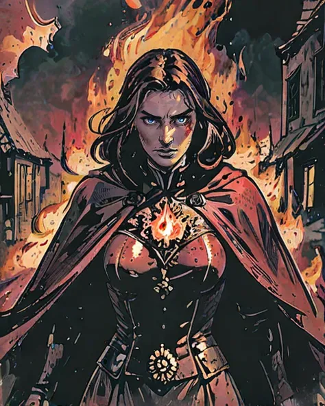 a close up of a woman in a cape with a fire in the background