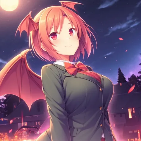 wearing tuxedo, bowtie, brooch, short hair, solo mature 1girl, red eyes, ((large head_wings)), demon_wings, night sky, seductive smile, 
 <lyco:1716673109340297890:0.8> kibushi ,