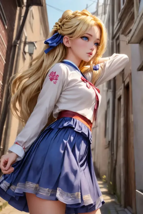 (detailed eyes:1.3), Beautiful Lighting, (1girl:blue  eyes, blonde hair, absurdly long hair, hair between eyes), (real skin), <lora:l - L| :1>, <lora:y:1>,  (Style-DA:1.3), (outdoors, alley:1.3), 
 <lora:Hanbok:0.8>, Hanbok design, style, Korean beauty, r...