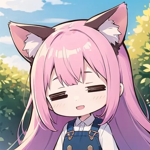 anime girl with pink hair and cat ears standing in front of trees