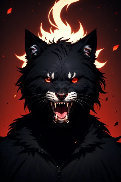 a black cat with red eyes and a flame on its face