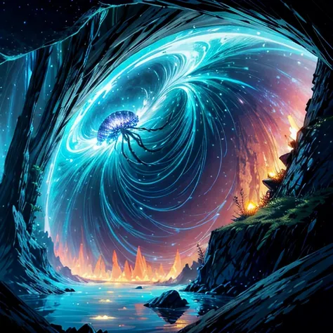 a painting of a large spiral shaped vortex in the middle of a mountain