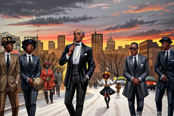 painting of a group of men in suits walking down a street