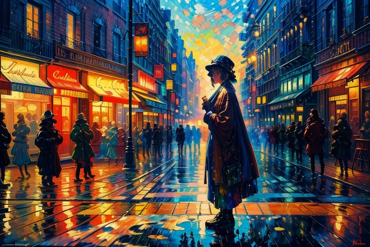 a painting of a woman standing on a city street at night