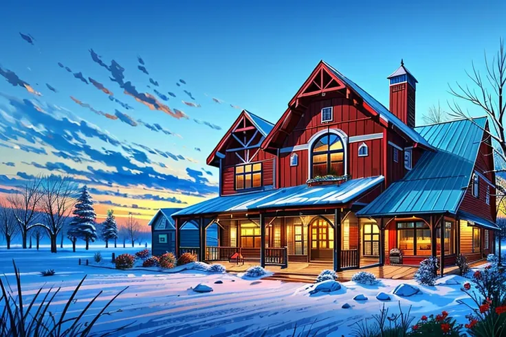 a painting of a red house in the snow with a blue sky