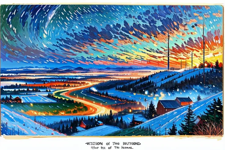 a painting of a snowy landscape with a sunset and a road