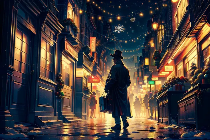 araffes a man in a trenchcoat and hat walking down a street at night