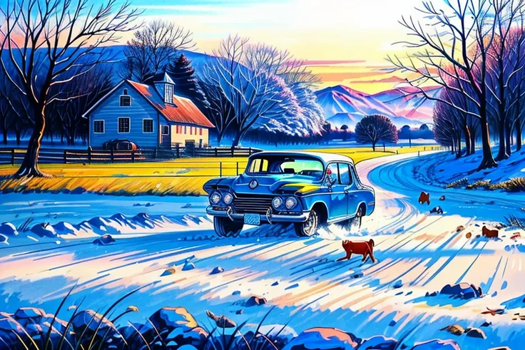 painting of a car driving down a snowy road with a dog