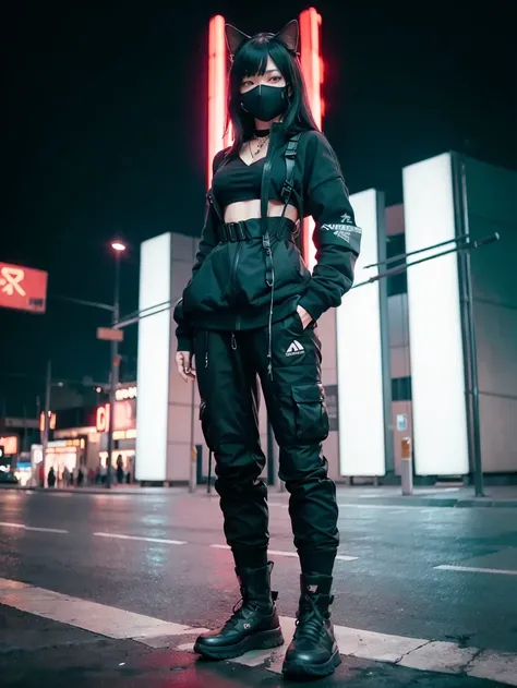 urbansamurai, techwear, wear mask, masterpiece, best quality, beautiful face, fullbody, a woman with cat-ears, wearing bodysuit and trousers with buckle and tape, good eyes, good drawn eyes, beautiful eyes, symmetrical eyes, (large breasts), crystal neckla...