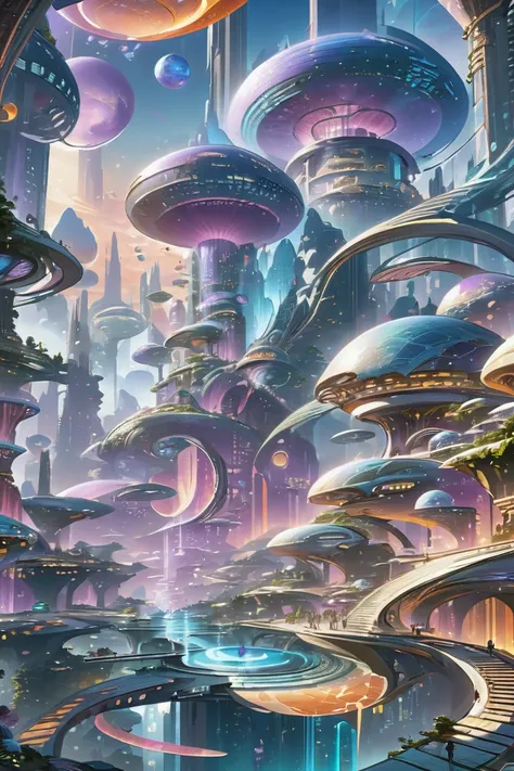 a painting of a futuristic city with a lot of futuristic buildings