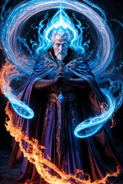 masterpiece, best quality, glamour shot (from above:0.5) of hades surrounded by glowing swirling magic, (hades:1.3), death, hellfire, ghostly blue, ghostly, wrinkles of age, blue fire, hair on fire, cloak, exhausted, (old man:1.3), photorealistic, vivid co...