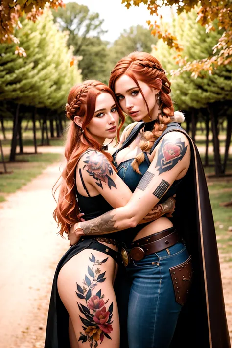 2girls, couple, hug from behind, (masterpiece, best_quality, ultra-detailed, immaculate:1.3), epic, illustration, 1girl, cowboy shot, stoic desert barbarian medicine woman toned, fur armor, fur pauldrons, , (tattoos:1.4), blonde hair, bombshell hime cut,Bo...