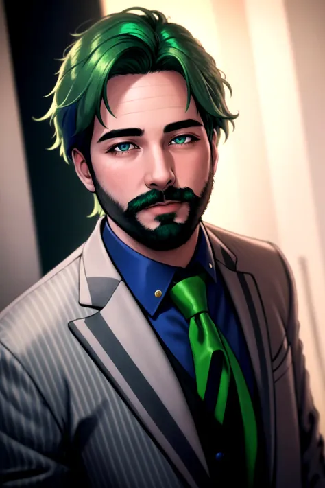 a close up of a man with green hair and a mustache