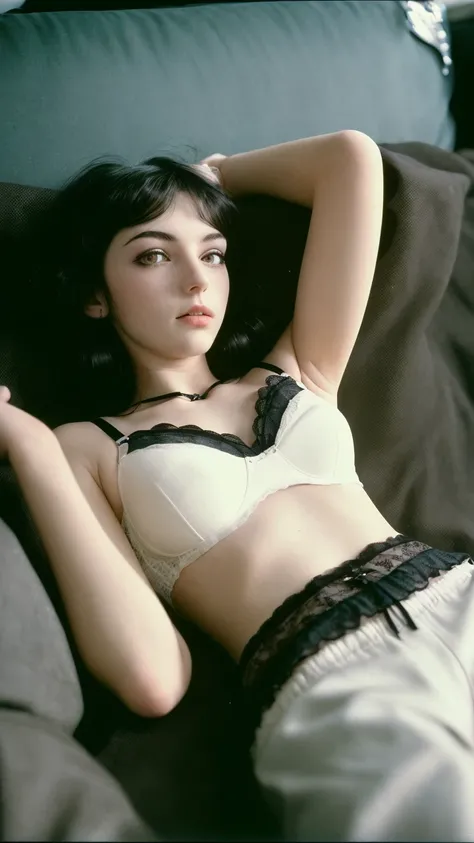 vintage analog photo of a 20 y.o woman, average looking person, dark hair, alternative rock style, e-girl makeup, grunge aesthetic, emo girl, punk rock, ((wearing a black bra)), detailed lace, ((wearing sweatpants)), detailed fabric, sleeping girl, tired e...