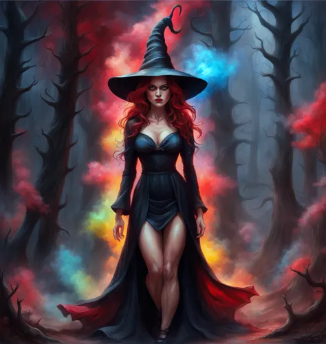 full body, colorful chalkdust painting, beautiful sexy witch wearing sleek black dress, surrounded by red volumetric fog, standing in a horrifying forest, 10k high resolution, perfect skin, perfect hands, high quality, highly detailed, raw photo, vivid col...