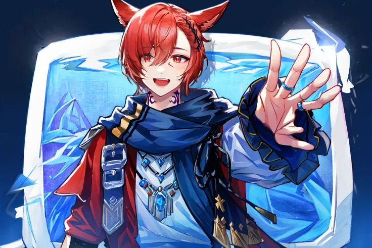 anime character with red hair and horns holding up a hand