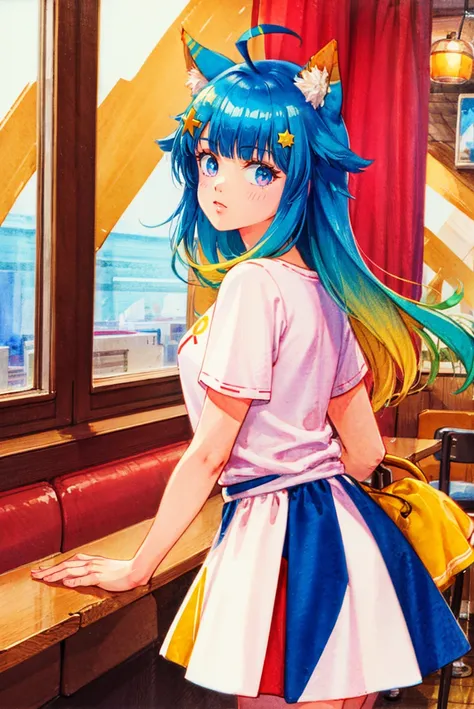 anime girl with blue hair and a pink dress looking out a window