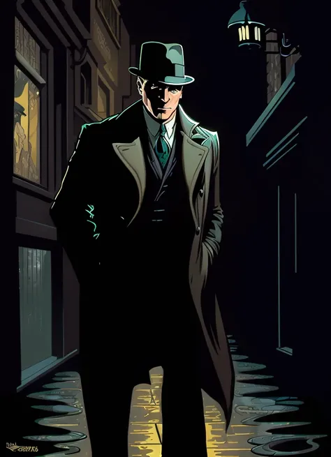 an illustration of a 1920s private detective walking down a dark and rainy alleyway, detailed face, film noir, low-key, drawn by robert maguire and alphonse mucha <lora:theovercomer8sContrastFix_sd15:0.8>