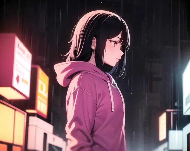 masterpiece, best quality, flat color, limited palette, 1girl, a female cyberpunk hacker walking through rainy neon-lit city streets, wearing a hoodie with the hood up, low-key lighting, detailed face, profile