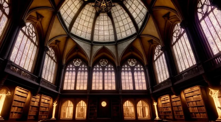 (spooky) photography of arcane magical (library), abandoned intricate detail, many levels, (spooky), dusty. telescope, (((statue...