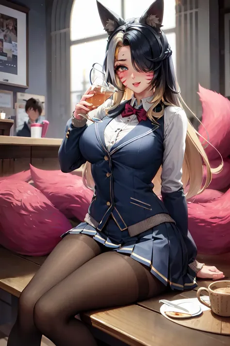 anime girl in a cat suit sitting on a table with a cup of coffee