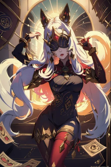 (masterpiece, best quality), 1girl,  <lora:AhriArcana:0.8> IncrsAhriArcana, fox tail, multiple tails, gloves, dress, mask, high heels, pantyhose