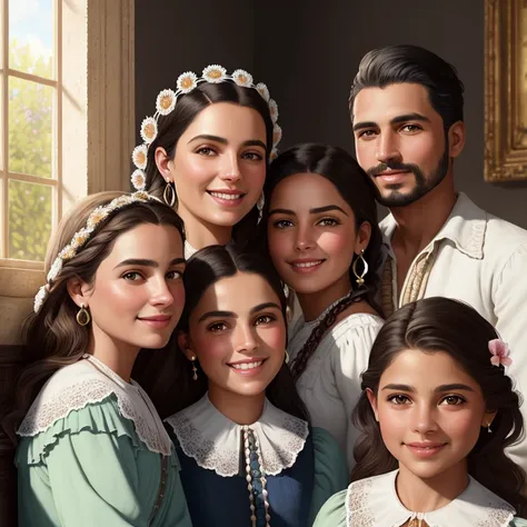 style of a realistic painting, a group of (1740s Mexican ranchers) sitting next to each other in a (Baroque style house), inspired by jessica rossier, richly detailed, morning detail, procreate 2 0 2 2, smiles, inside, different faces, different skin color...